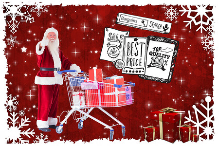 圣诞特价一天圣诞老人的复合图像喜欢推一个带礼物的购物车 框架 星星背景