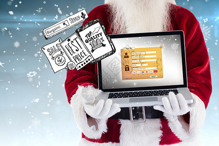 圣诞特价一天Santa Claus的复合图像展示了一台笔记本电脑 墙纸 涂鸦背景