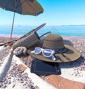 带贝壳 雨伞和海滩饰品的放松假期概念背景情况 热带 海岸线背景图片