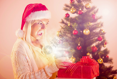 圣诞女孩 水平的 元旦 礼物 年轻女子 新年 圣诞帽 魔法背景图片