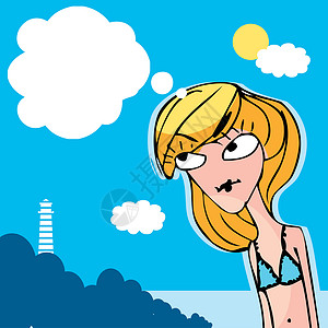 卡通比基尼女孩夏夏海滩女孩卡通多德利思考或聊天 水 棕褐色背景