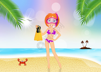 戴潜水面具和鳍的女孩 女性 比基尼 海 微笑 海滩浸没高清图片素材
