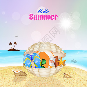 你好 夏天你好 海滩 帽子 太阳镜 岛 海星 拖 插图背景图片