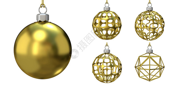 黄金圣诞球集合 3个 计算机生成 金的 庆典 魅力背景图片