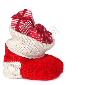 圣诞红袜袜 惊喜 传统的 丝带 盒子 短袜 装饰风格 庆典背景图片