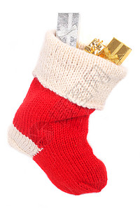 圣诞红袜袜 装饰风格 丝带 传统的 假期 金子 庆典 白色的背景图片