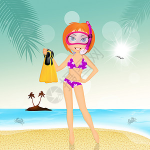 戴潜水面具和鳍的女孩 晴天 海洋 女性岛高清图片素材