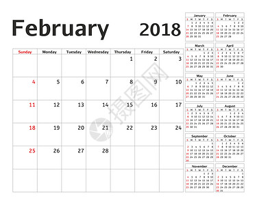 2018 年的简单日历规划器 设计二月模板 一套 12 个月 一周从星期日开始 日历计划周 记事簿 墙打印高清图片素材