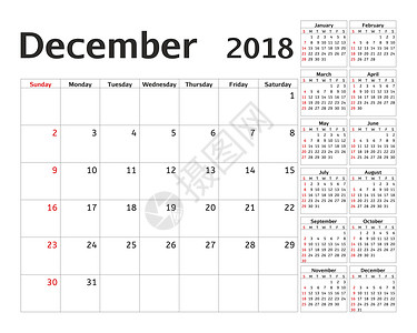 2018 年的简单日历规划器 设计 12 月模板 一套 12 个月 一周从星期日开始 日历计划周 规划师 记事簿商业高清图片素材