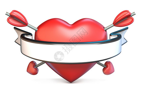 被箭和白丝带穿透的心脏 情人节的概念3D 横幅 丘比特背景图片