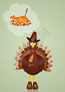 感恩节邀请函感恩节日有趣的火鸡 收成 鸟 明信片 小麦 树叶背景