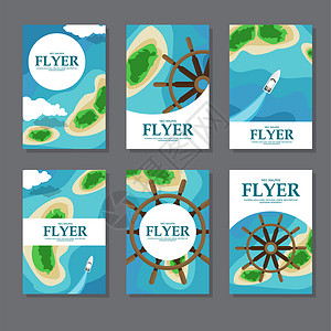 特惠活动传单带有海岛和轮子的矩形卡片的集合背景