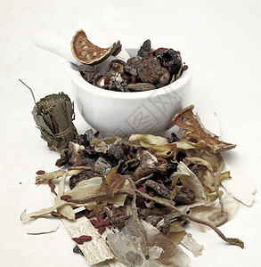 中国医用药品概念一 草本的 古老的 中医 甘草 碗 植物根高清图片素材