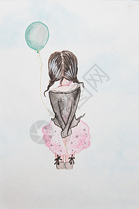 水彩少女给有球的女孩涂上丙烯酸油画背景
