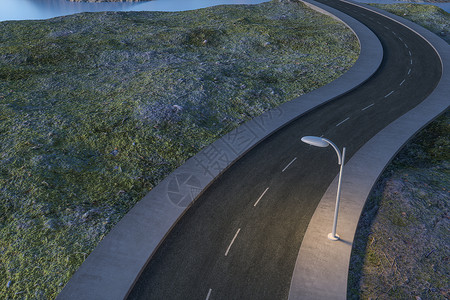 在荒无人烟的郊区挥舞着的3D路 自然 曲线 车道图片素材