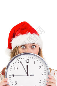 喜悦金发美女 显示时钟 时间 女性 圣诞节的时候 圣诞节 女士背景图片