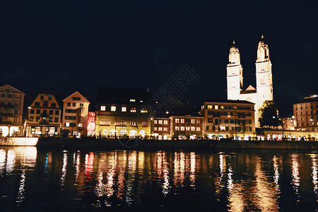 位于瑞士苏黎世市中心街道的欧洲建筑和夜景图 瑞士苏黎世 旅游 咖啡店背景图片