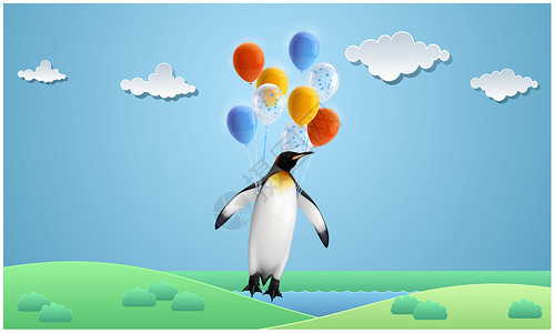 企鹅在花园里带着气球飞翔 成人 自由 孩子 生日图片素材