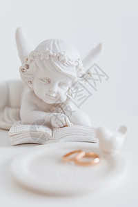 鲑鱼天使小号金色的婚戒配上白色的鸟和天使 爱情和婚姻的象征物 戒指 雕塑背景