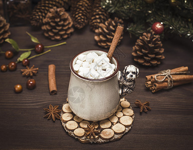 热巧克力加白棉花糖 圣诞节 杯子 假期 桌子 马克杯 喝图片