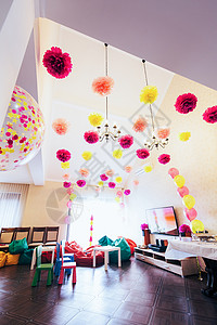 大房间 天花板高 装有大气球 生日 大厅 孩子庆典高清图片素材