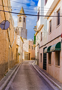 西班牙Majorca岛的Santanyi 旧地中海镇街道 建筑学 城市生活背景