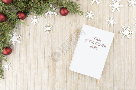 表为圣诞节设置圣诞公寓为一本书的展示设置了顶景色 白盖 松树枝 白木雪花和浅木桌上的红小面包圈 闪光 十二月背景