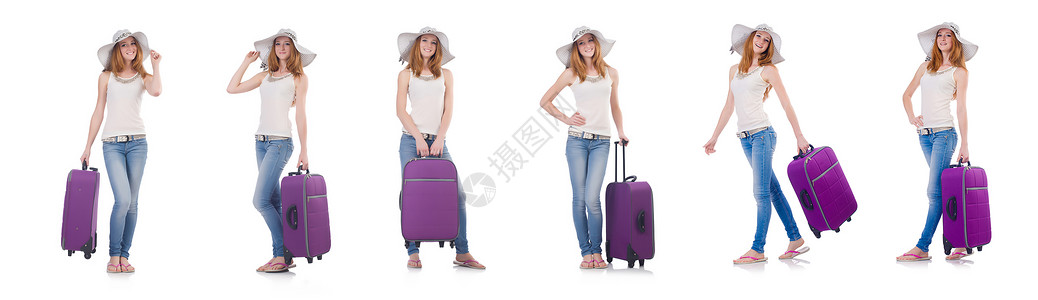 妇女计划去暑假的假期 游客 女士 旅行 手提箱背景图片