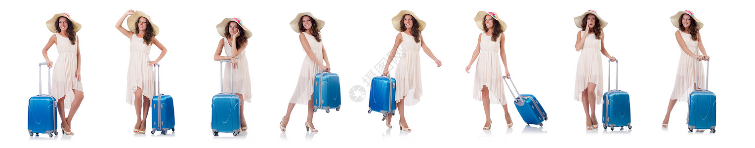 妇女去暑假 孤立在白色的 飞机场 剪辑 旅行 包背景图片