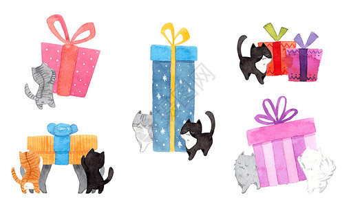 猫画一组猫正在推礼品盒 白色背景上的水彩手绘插图 复制您的文本的空间 贺卡 礼品卡 圣诞节 新年 宠物广告的设计 弓背景