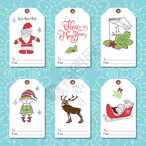 圣诞节卡片矢量一套新年礼物标签矢量模板 手绘素描元素与刻字集 目前卡设计的快乐新的一年 2016 年 涂鸦和节日元素 矢量图 卡片 问候语背景