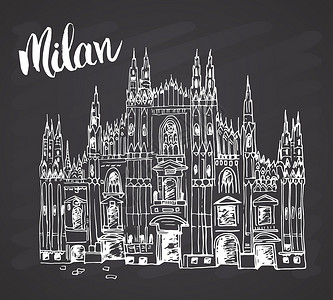 城市建筑设计草图海报中央寺院大教堂在米兰 意大利 手绘意大利著名教堂建筑草图 带有米兰字母 黑板背景上的矢量插图背景