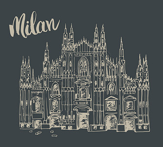城市建筑设计草图海报中央寺院大教堂在米兰 意大利 手绘意大利著名教堂建筑草图 上面刻有米兰字样 矢量图解背景