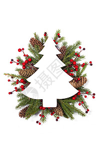 圣诞卡和白色的装饰 绿色的 松树 装饰品 喜庆的 红色的 云杉背景图片