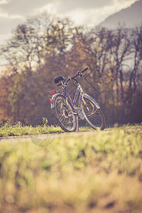 孤单的自行车在草地上 户外 秋天 旅行 美丽的 假期背景图片