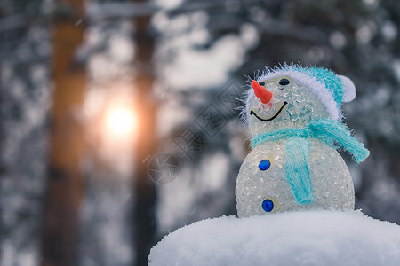 树木和雪人娃娃雪人洋娃娃站在雪地漂浮的山上 在阳光破灭的森林背景之下背景