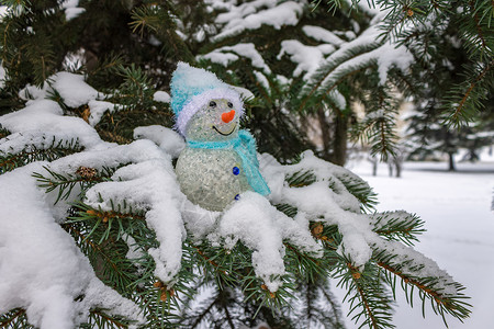 树木和雪人娃娃一只玩具雪人站在冬天的森林里 一片fir树上 被雪覆盖的刺状小枝上背景