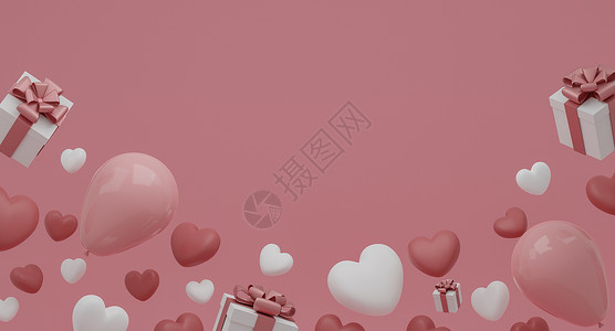 白色心形素材情人节概念粉红色和白色的心形气球与粉红色背景上的礼品盒 3D渲染背景