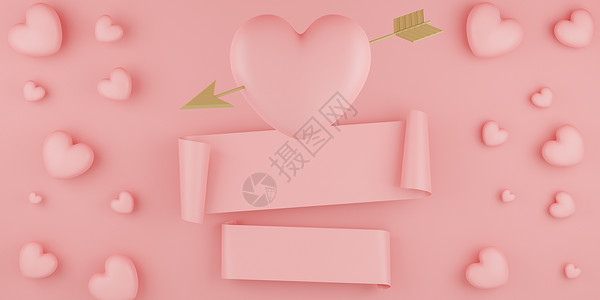 心形箭头情人节心形气球与金色箭头和粉红色背景上的横幅 3D渲染 产品 爱心背景
