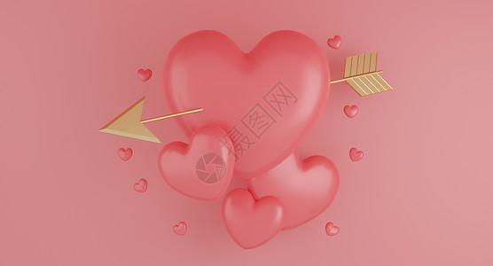 心形箭头情人节心形气球与粉红色背景上的金色箭头 3D渲染 浪漫的 爱背景