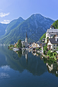 阿尔比斯山阿尔卑斯州的Hallstat 奥地利湖边的旧城风景 历史性 上奥地利州背景