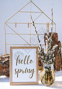 刻字模拟室内画框 玻璃花瓶中有柳树枝 早春盛开的褪色柳早午餐 复活节春天静物背景图片