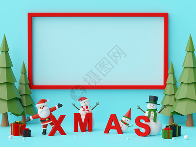 圣诞快乐 新年快乐圣诞老人和圣诞人物 带有字母 XMAS 和复制空间 3d 渲染背景图片