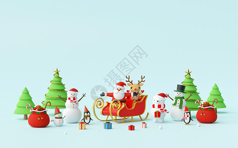 圣诞快乐和新年快乐圣诞场景与圣诞老人和朋友一起庆祝 3d 渲染 冬天 雪人背景图片
