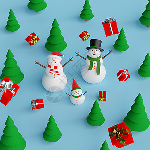 圣诞快乐 新年快乐雪人在松林中与圣诞 gifts3d 渲染背景图片