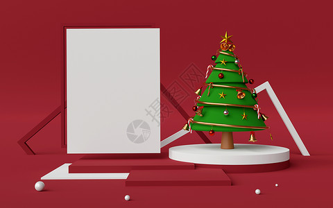 圣诞快乐 新年快乐讲台场景和复制空间与圣诞树 3d 渲染背景图片