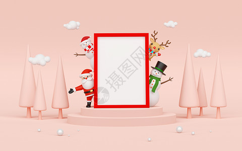 圣诞快乐 新年快乐圣诞老人和朋友们用空白的框架进行 content3d 渲染背景图片