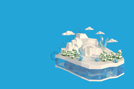 蒸汽波风格雪山雪中房屋的 3D 插画家 3d 渲染低多边形几何 Lowpoly 极简风格艺术 文化 云背景