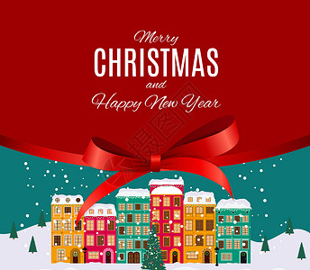 圣诞小镇圣诞快乐和新年快乐背景与复古风格的小镇 它制作图案矢量 问候语 蓝色的背景