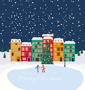小镇矢量圣诞快乐和新年快乐背景与复古风格的小镇 它制作图案矢量 房子背景